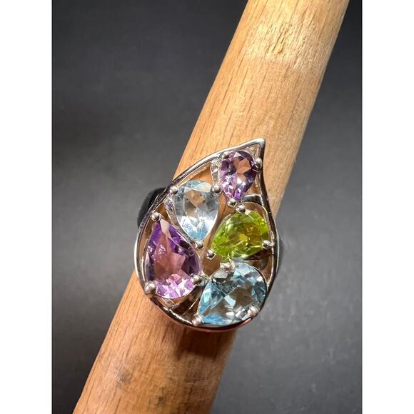 Vintage multi gemstone sterling silver cluster ring size 7 - Picture 7 of 16